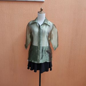 atasan kemeja wanita hijau organza MAX GIRL cewek L transparan MEWAH cute kerja kuliah PESTA