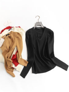 Pure Color Stretch Slim Hollow-out V-neck French Style Puff Sleeves 2024 Autumn Long Sleeve Sweater