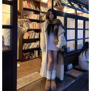 BINKAFENNY | Ladies Thickened Long Open Cardigan Sweater Lazy Style Soft Collar Winter Outerwear Loose Fit Knee-Length Knitted Shirt