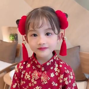 Pomely [COD&local delivery] 2pc/pair Girls Hairpin Pair Chinese New Year Feature Rubber String Tassel Drape Ancient Style Hair Rope Spring Festival Hair Hoop