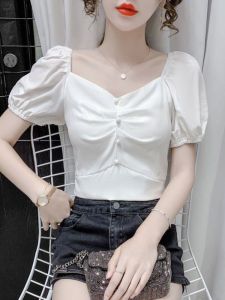 Áo Sơ Mi Nữ Cổ Vuông Kiểu Pháp Hở Xương Vai Mùa Xuân Hè Mới Về Tay Ngắn Thoải Mái Chất Liệu Polyester in Họa Tiết