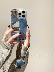 Ufull Classic Blue Denim Hello Kitty Leopard Print Skirt Phone Case Apple 16Promax iPhone 17Pro New Model 15 Girls 14Pro Chain 13 Korean Style Anti-Fall Protection Cover