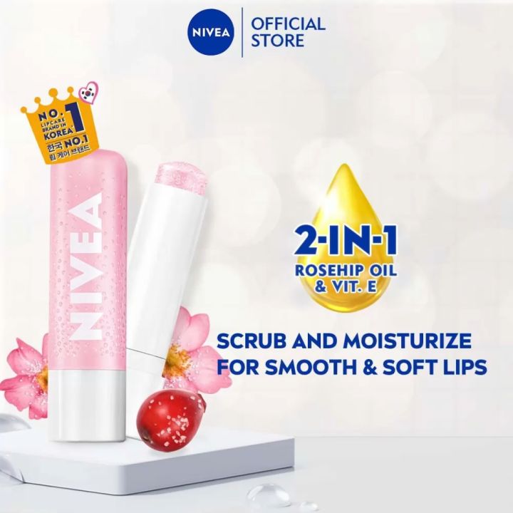 NIVEA Lip Rosehip Caring Lip Scrub 4.8g / Lip Care / Exfoliator / Moisturizing / Lip Balm / Rosehip Oil / Vitamin E