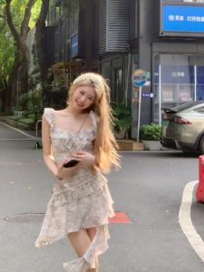 Elegant Chinese Watercolor Print Short Dress Womens Summer  Sweet Style High Waist A-Line Skirt Fairy-Like Flying Sleeves