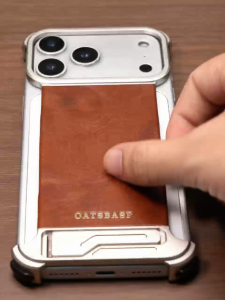 OATSBASF Metal Leather Phone Case Shockproof Shell with Kickstand for iPhone 17 Pro max/17 Pro/16 Pro max