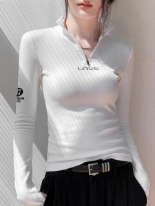 เสื้อยืดคอกลมมีซิปสำหรับผู้หญิง ทรงสลิมฟิต อบอุ่น ดีไซน์ตัวอักษร ผ้าเดนิม ทรงปกติ แขนยาว ฤดูใบไม้ร่วง 2024