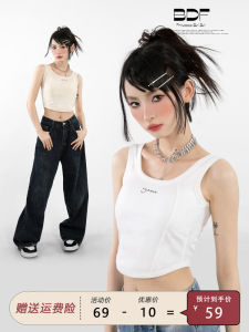 American Style Short Sleeveless Tank Top Womens Summer Inner Wear Outer Wear No Strap Spicy Girl Shirt White Fishbone Strap