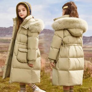 2026 New Winter Girls Jackets Kids Thickened Warm Down Coats Childrens Fur Collar Hooded Outerwear Teenager Long Overcoat