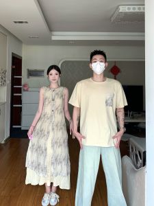 French Floral Print Couple Matching Dress And Top Set Short Sleeve Summer Outfit Small Batch Design Loose Fit Cotton Blend