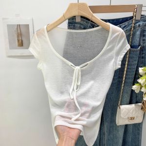 Slim Fit Short Sleeve T-Shirt Womens Summer New Style Waist Cinching Silk Viscose RAYON High Waist Design Korean Style Top
