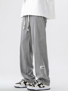 กางเกงลำลองชายผ้าไหมน้ำแข็งบางฤดูร้อน กางเกงขายาวทรงตรงหลวมๆ สีเทา กางเกงขายาวลำลอง ผ้าฝ้ายผสมโพลีเอสเตอร์ ทรงหลวม ทรงตรง