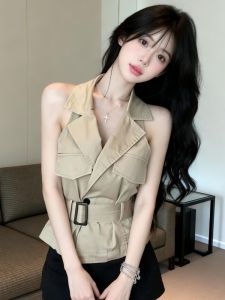 GUZILIAN | Stylish Slimming Polo Neck Vest Shirt With Belt Pockets
