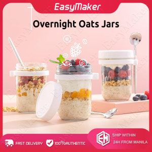 350ML Glass Overnight Oats Containers with Lids and Spoon Wide Mouth Mason Jars for Overnight Oats Cereal Yogurt Salad Lunch Container with Measurement Marks - 4 Colors