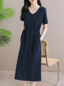 Pure Cotton V-Neck Slimming Long Dress Womens Short Sleeve T-Shirt Dress Korean Style Commute Casual Age-Defying Fashion