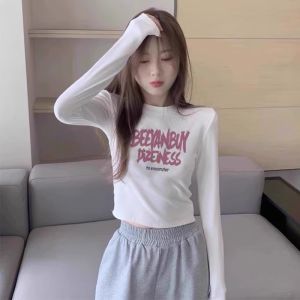 Black Sweet and Spicy Shoulder Pure Cotton Long Sleeves T-shirt Female Fall and Winter New Arrival Letter Print Short Silm Bottoming Shirt Fashion