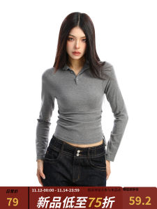 American Style Long Sleeve T-Shirt Womens Drawstring Waist Slim Fit Short Base Shirt Trendy round Neck Pullover Top