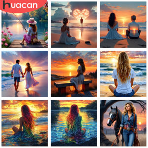 HUACAN Diamond Art Mosaic Kits Woman Girl Portrait Full Kits Diamond Painting Complete Kit Sunset Seaside Room Wall Decoration