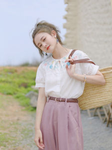 Hua Ji B471 Womens Pure Cotton Short Sleeve Embroidered Shirt Sweet Countryside Style White Color Summer New Arrival Polo Collar