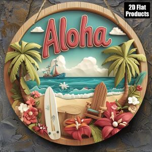 Retro Aloha Tropical Landscape Art 2D Wooden round Plate - Palm Tree Surfboard & Hibiscus Flower Design Hawaiian-Themed Decor