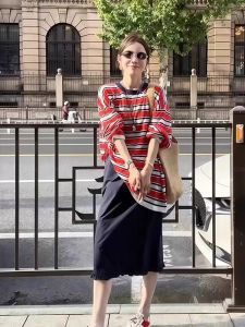 YUEZHONGWEI | Red Striped Ice Silk Long Sleeve Knitted T-Shirt Women Summer Thin Loose Cover Up Air Conditioning Top Casual Round Neck