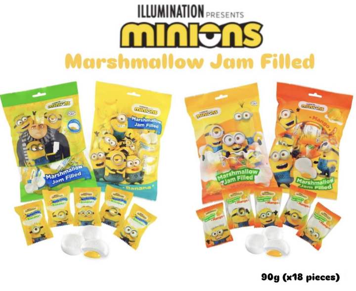 Minions Marshmallow Jam Filled, Banana Filled, Mango Filled, My Little Pony Marshmallow Chocolate Jam Filled 90g x18 pcs