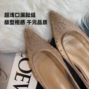 French Style Leather Red Sole Mesh Slip-On Flat Shoes Lace Fairy Water Diamond Inner Heightening Pointed Toe Womens Single Shoes