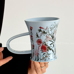 ถ้วยกาแฟดินเผาความจุขนาดใหญ่ Oranges Limited Edition ลายดอกไม้สีฟ้าสวยงาม ถ้วยดื่มน้ำ ของขวัญ สำหรับผู้ชายและผู้หญิง