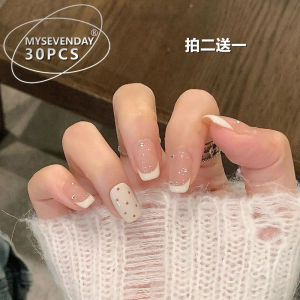 White Polka Dot Short Wearable Nails Full Set Beautiful French Style Nail Stickers Ready Made Nail Art Kit from China