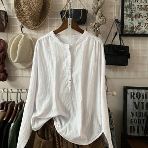 Pure Color Long Sleeves round Neck Cotton and Linen Shirt for Women 2024 Artsy Retro Spring and Autumn K-style Loose Tops Pure Cotton Shirt