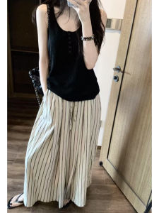 YUEZHONGWEI | Black U-Neck Ice Silk Knitted Strap Vest Women Summer Outerwear Slimming Sleeveless Top Unique Beautiful Waist-Cinching