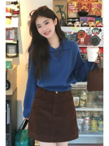YUEZHONGWEI | Loose Fit Polo Neck Long Sleeve Knitted Sweater Klein Blue Womens Autumn Winter Lazy Style Casual Comfortable Top