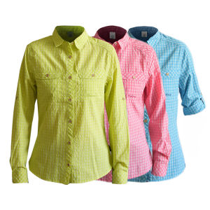 Womens Outdoor Hiking Mountain Climbing Sun Protection Breathable Quick Dry Long Sleeve Plaid Shirt Lightweight Travel Gear