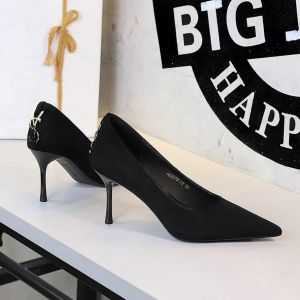 YUCHEN รองเท้าส้นเข็ม3.15นิ้วสำหรับผู้หญิงรองเท้าส้นสูงส้นเข็มสีดำปลายแหลมสง่างามขนาด34- 40