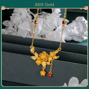 ASIX GOLD สร้อยคอดอกทับทิมชุบทอง 24K การออกแบบช่องชุบทอง 18K สําหรับสร้อยคอสุภาพสตรีอาวุโส สร้อยคอนําโชค จะไม่จางหายไป จะไม่ลอก ของขวัญวันหยุดงานแต่งงานที่ยอดเยี่ยม