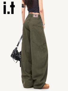 Military Green Workwear Jeans Womens Loose Wide Leg Pants High Waist Zipper Closure Casual Style Faded Effect Denim Jeans
