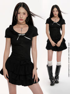 Black Short Sleeve Knitted Top Womens Summer Thin Casual Style Slimming Sweet Cool Trendy Short Length Trendy Top