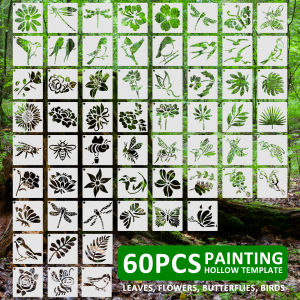 60 Pcs Plant Painting Template for Canvas Card Wood Drawing Stencils Botanical Birds and Insects Design DIY Painting Stencil Set