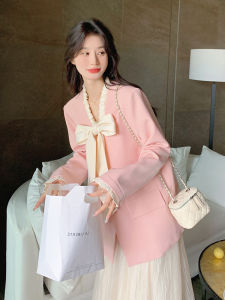 Pink Butterfly Knot Tie Suit Jacket And Mini Skirt Two Piece Set Womens Commute Style Polyester Fiber Long Sleeve V Neck