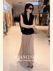 SHANGSHA | Elegant and Stylish Black Vest Dress Set