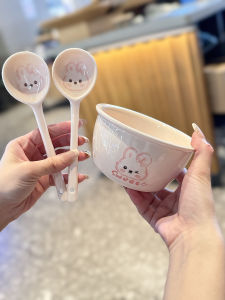 # Good-looking Pink Fufu# Cream Style Ceramic Small Soup Bowl For Home Cute Pink Bunny Rice Bowl Breakfast Porringer