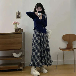 XUECAIQI | Fashionable Bow Long Sleeve Top Plaid Skirt Set Women