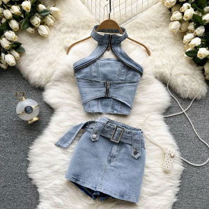 Cotton Phong Cách Đường Phố Hot Girl Bộ Quần Jean Retro Phong Cách Hồng Kông Vòng Cổ Ngắn Top Nửa Váy 2 Mùa Hè Bộ Dành Cho Nữ