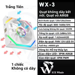 Quạt Tản Nhiệt PC ICE Whale WX-3 ARGB Hiệu Ứng Đèn Gương Tuần Hoàn 120mm PWM 800-1600 Vòng/phút Nối Dây Dành Cho Tản Nhiệt