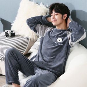 Mens Winter Thickened Fleece Pajamas Home Clothes Set Coral Velvet Long Sleeve round Neck Sweatshirt Elastic Waist Pants