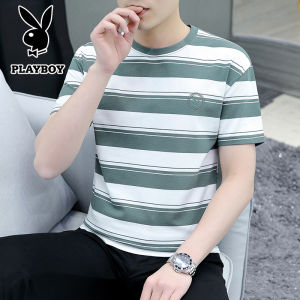 เสื้อยืดแขนสั้นเพลย์บอยหลวมพอดีสําหรับผู้ชายฤดูร้อนมีสไตล์ผ้าบางครึ่งแขนลําลองเยาวชนคอกลมยอดนิยม