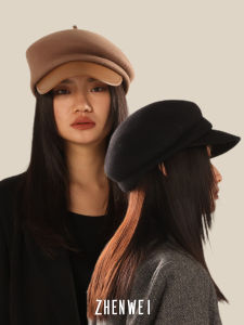 หมวกเบเร่ต์ผ้าขนสัตว์สำหรับผู้หญิง ฤดูใบไม้ร่วง/ฤดูหนาว ทำให้ใบหน้าดูเล็กลง สีดำ หมวกเด็กส่งข่าว หมวกทรงแปดเหลี่ยมสไตล์อังกฤษ หมวกทรงสี่เหลี่ยม