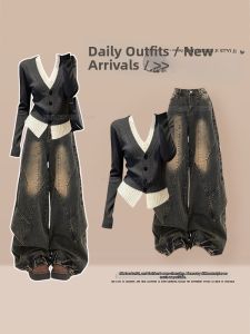 NUMEN BUTTON | Plus Size Stylish Color-block Knit Top with Retro Wide-leg Jeans Set