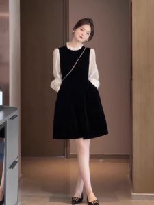 Fall and Winter New Arrival Western Style Youthful-Looking Skirt Small Hepburn Style Classy Exquisite Black Velvet Patchwork Dress Women