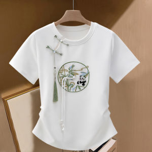 Plus Size New Chinese Style Embroider White T-Shirt Womens Summer Plus Size Ladies Slimming Sense of Design New Chinese Style Shoulder Short Sleeve Tops