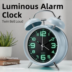 4 Luminous Twin Bell Alarm Clock Loud Non-Ticking Glow in The Dark Easy to Read Noiseless Bedside Clock for Bedroom Study Room